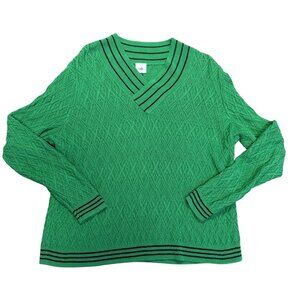 CAbi Women’s Green Textured Knit V-Neck Sweater Size Large Preppy Sporty Chic